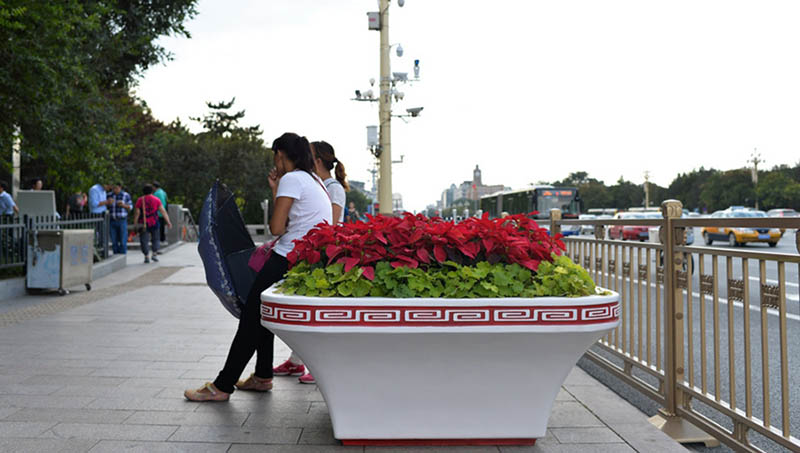 Réplica floral da Grande Muralha na Praça Tiananmen