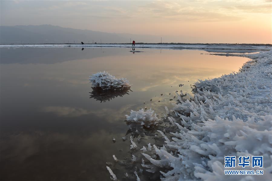 Lindos cristais de sal no lago de Yuncheng