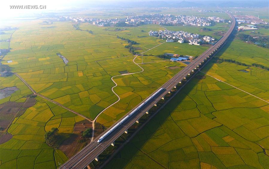 Panorama aéreo de trem-bala no sudoeste da China