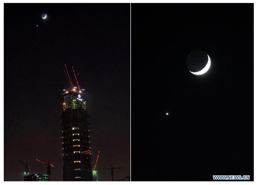 Lua crescente e Vénus avistados no céu da China