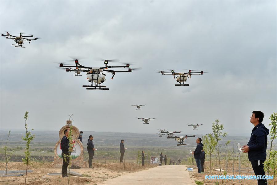 Drones utilizados para pulverizar pesticida no norte da China