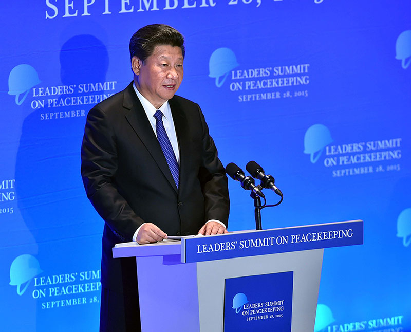 Presidente chinês Xi Jinping profere discurso na Cúpula de Líderes sobre Manutenção de Paz, na sede das Nações Unidas, em Nova Iorque, em setembro de 2015.