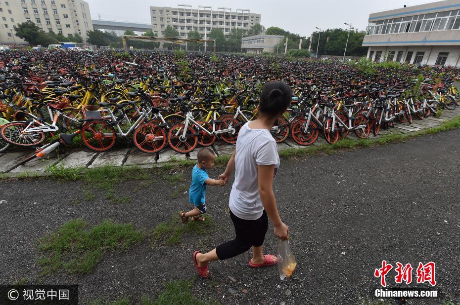 Dezenas de milhares de bicicletas compartilhadas estacionadas em campus abandonado em Hefei
