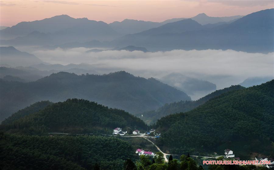 Paisagem de bambus e mar de nuvens em Anhui, no leste da China