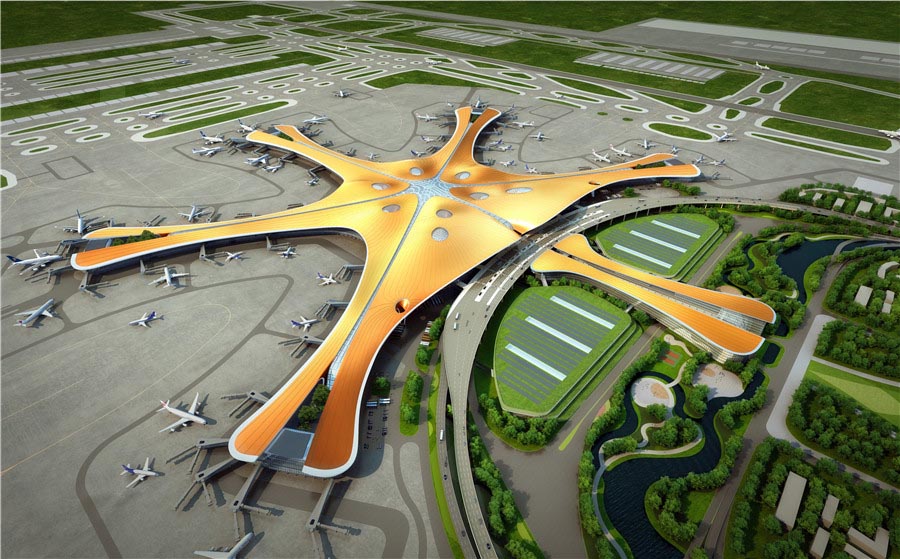 Panorama aéreo do novo aeroporto de Beijing