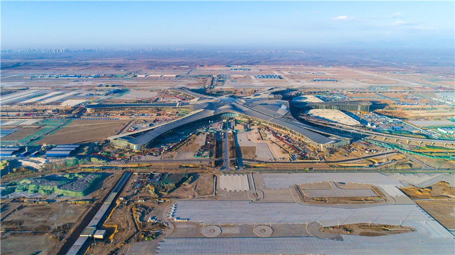 Panorama aéreo do novo aeroporto de Beijing