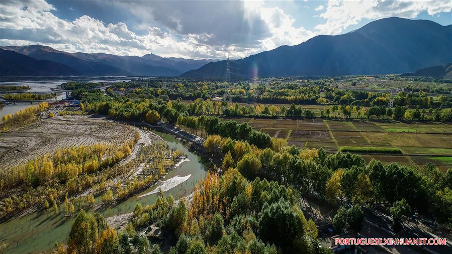 Paisagem de outono no Rio Yarlung Zangbo no Tibet, sudoeste da China