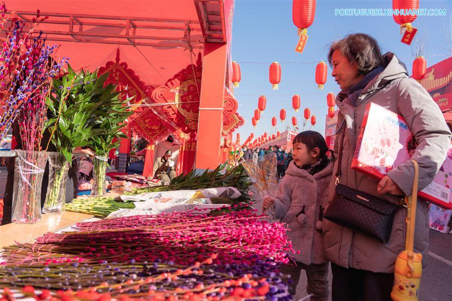Pessoas visitam mercado para compras do Festival da Primavera em Hebei