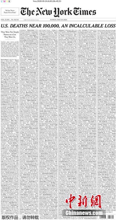 Capa do New York Times lista nomes de pessoas vítimas da Covid-19

