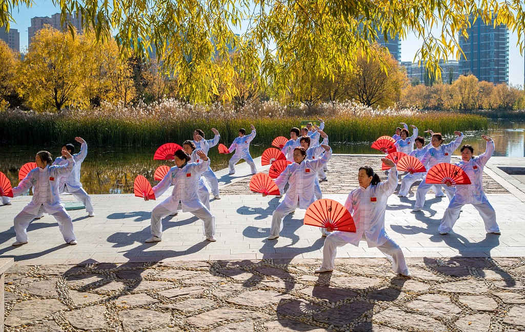 Entusiastas das artes marciais praticam dança tai chi em Hohhot