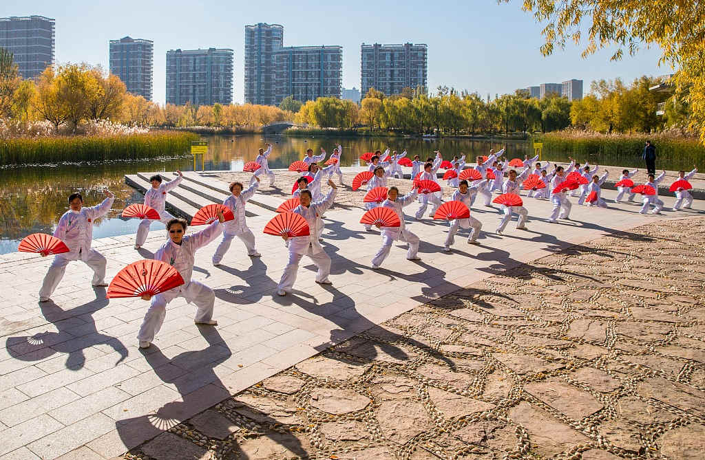 Entusiastas das artes marciais praticam dança tai chi em Hohhot