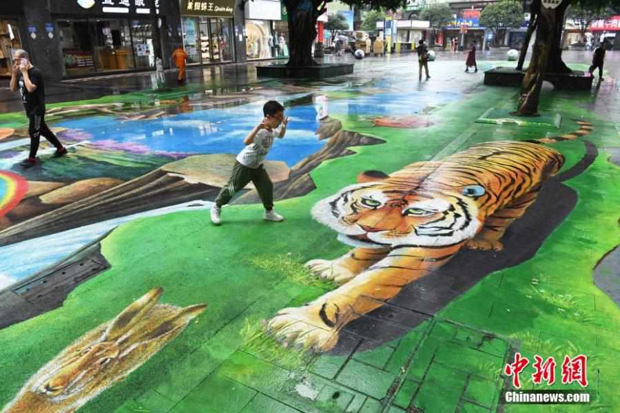 Chongqing exibe pinturas 3D de pavimento com tema de natureza