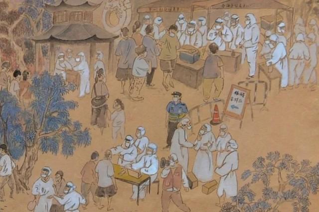 Pintura feita à mão mostra cenas de prevenção e controle da pandemia na China