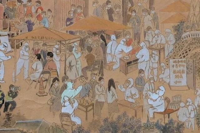Pintura feita à mão mostra cenas de prevenção e controle da pandemia na China