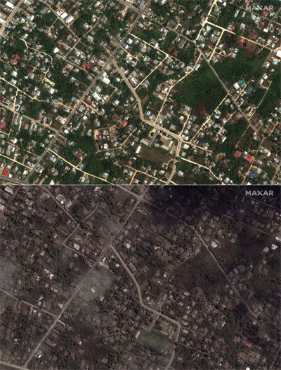 Combinação de imagens de satélite mostra casas e edifícios em Tonga, em 29 de dezembro de 2021 (acima) e em 18 de janeiro de 2022 (abaixo), antes e depois da erupção do vulcão submarino Hunga Tonga-Hunga Ha'apai