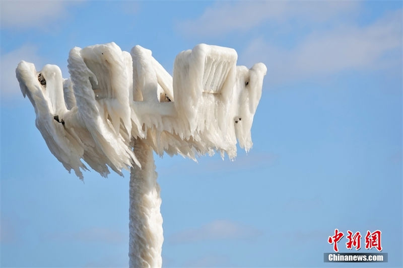Shandong: guarda-corpos à beira-mar se condensam devido ao frio extremo