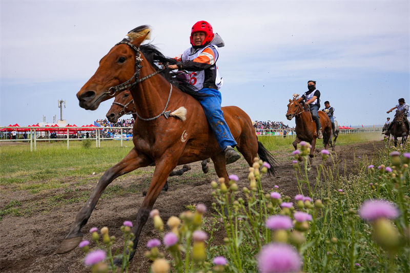 Evento folclórico-esportivo realizado nas pradarias em Xinjiang