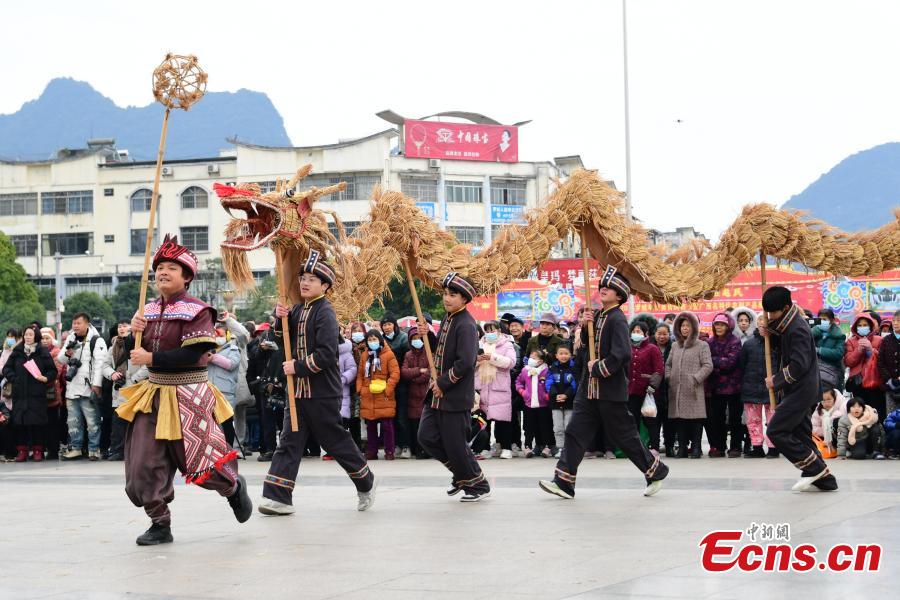 Dança do dragão de palha realizada para comemorar Festival da Primavera no sul da China