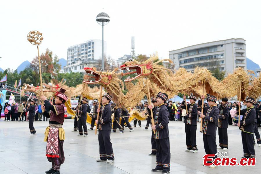 Dança do dragão de palha realizada para comemorar Festival da Primavera no sul da China