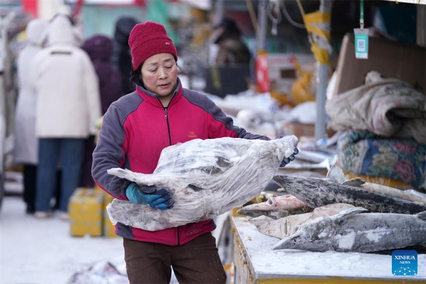 Mercado de peixe entra na temporada de pico de vendas em Fuyuan, noroeste da China