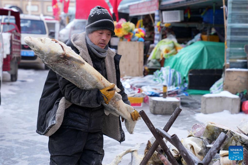 Mercado de peixe entra na temporada de pico de vendas em Fuyuan, noroeste da China