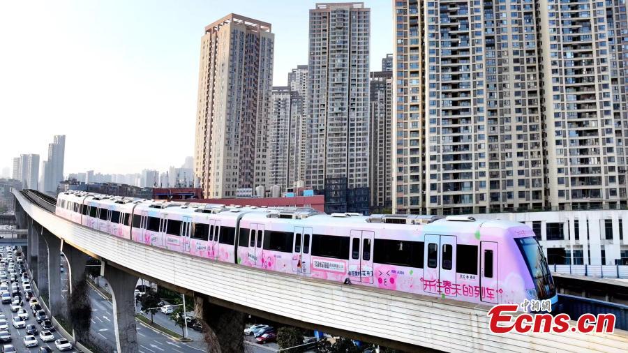 Trens de metrô cor-de-rosa celebram a primavera no centro da China