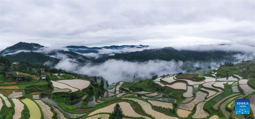 Vista aérea do terraço em Guizhou, no sudoeste da China