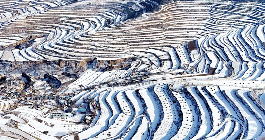 Galeria: paisagem dos terraços após queda de neve em Jingning, Gansu