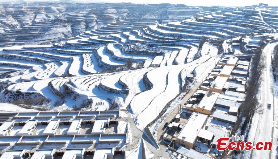 Campos em terraços cobertos de neve se assemelham às 