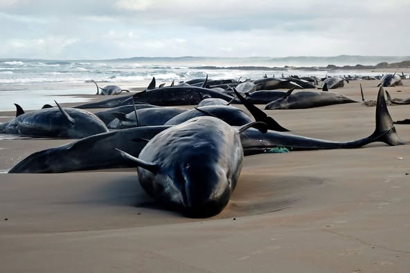 Mais de 150 orcas ficam encalhadas em massa em uma praia na Austrália.