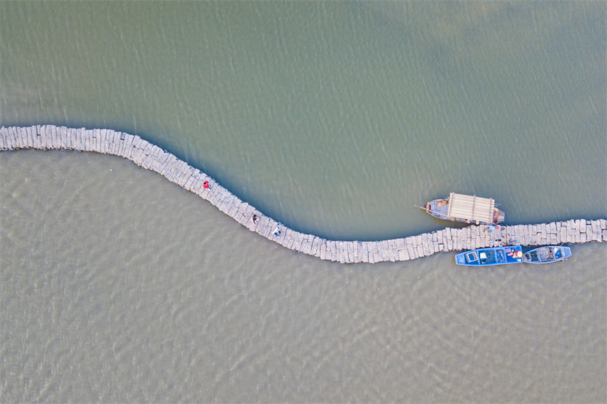 Haikou: ponte da serpente exposta após queda de nível de água atrai visitantes