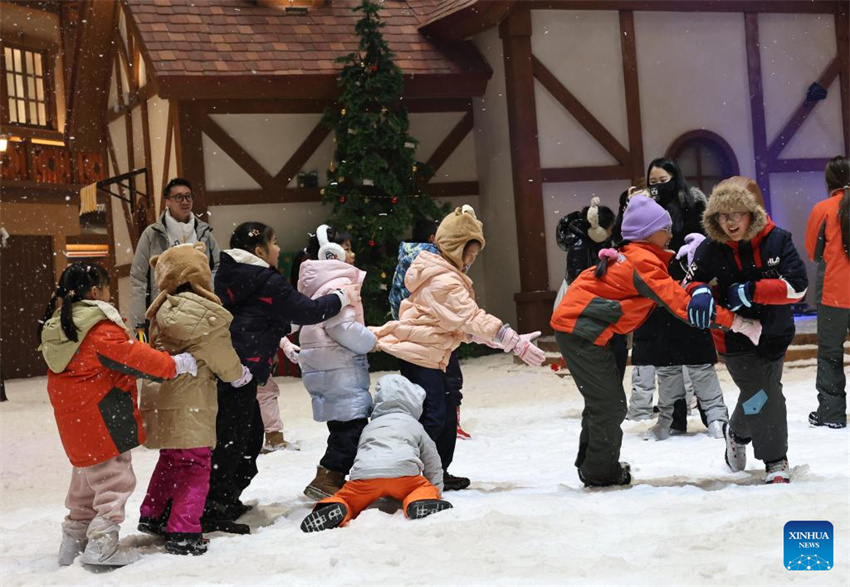 Visitantes se divertem em parque temático de gelo e neve indoor em Shanghai